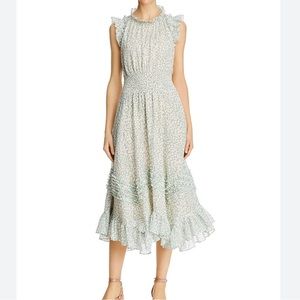 Rebecca Taylor Ikat Leaf Metallic Dress SZ L Women Feminine Ruffle Cotton Silk